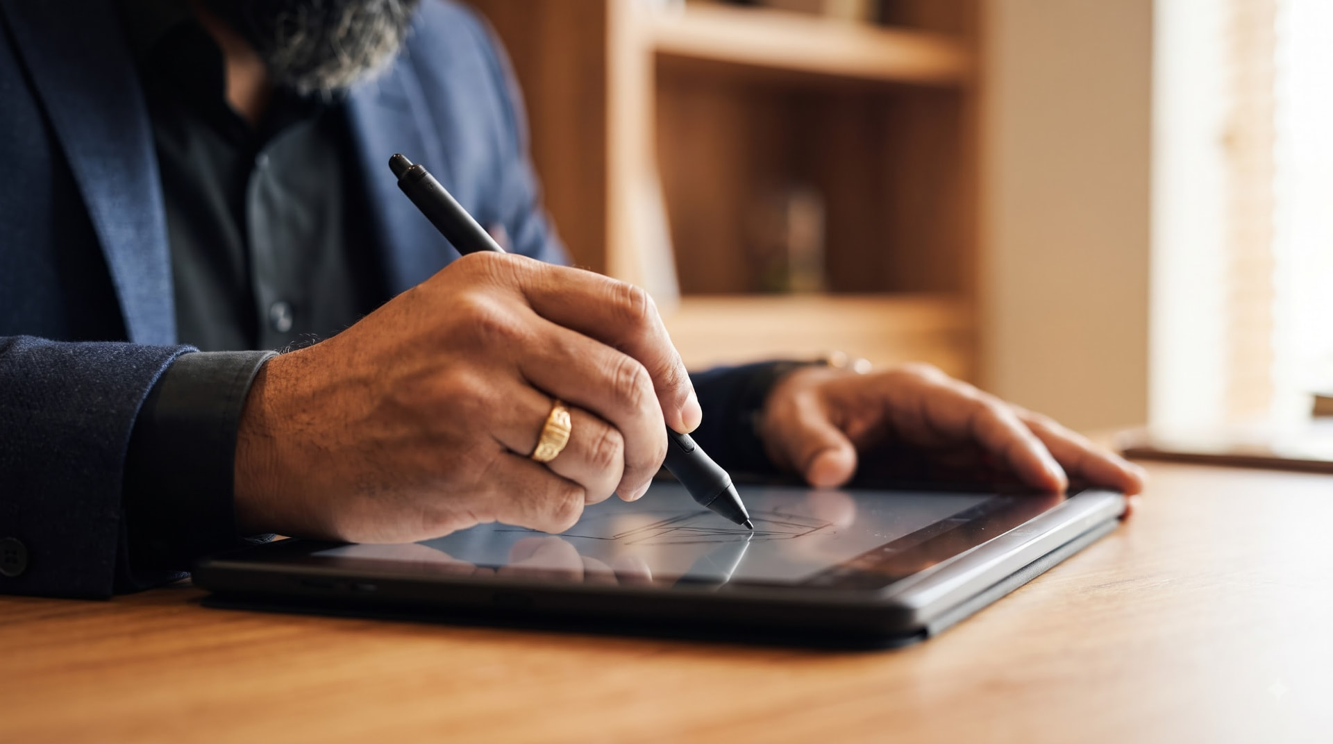 Chaitanya Bailey sketching ideas on a tablet