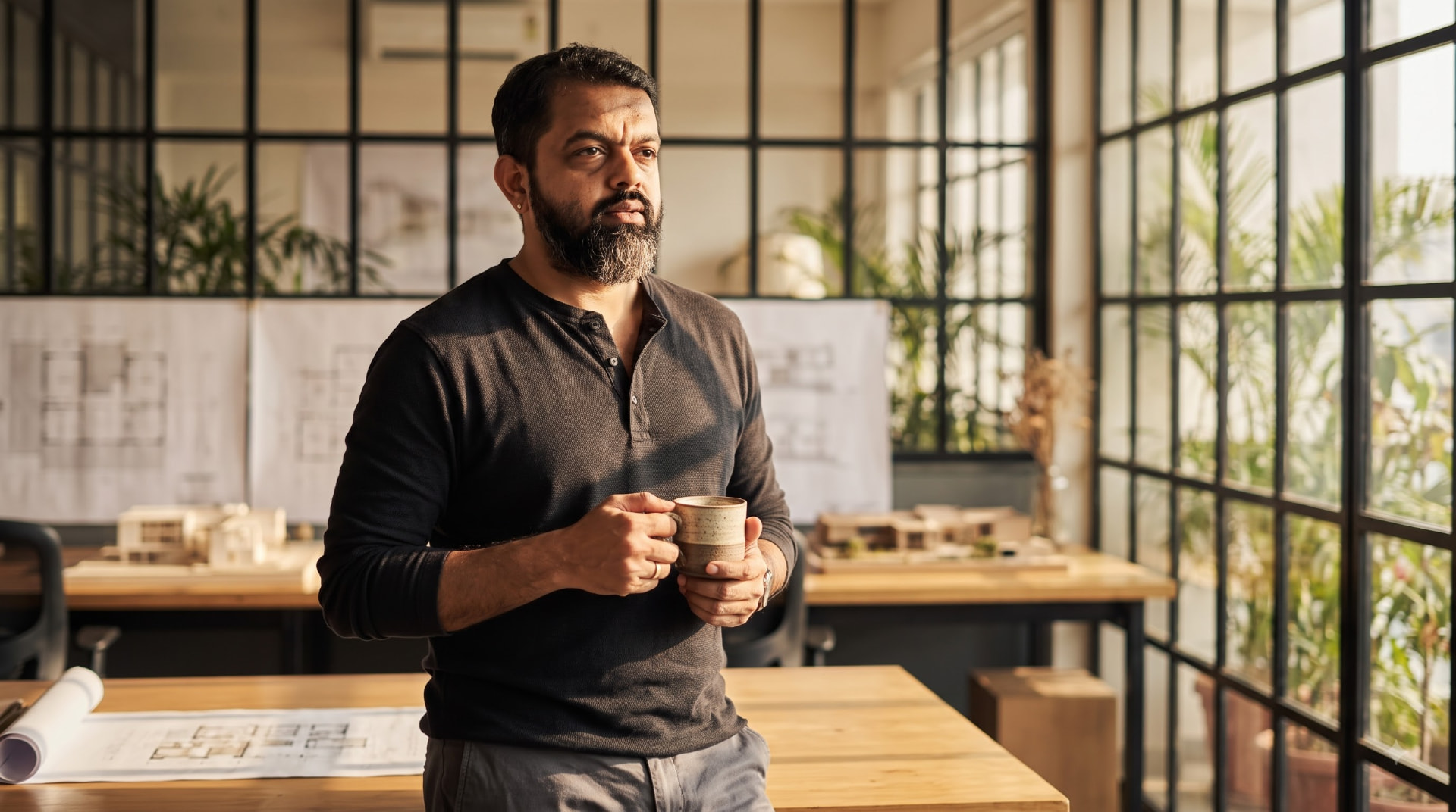Chaitanya Bailey pausing with a cup of coffee