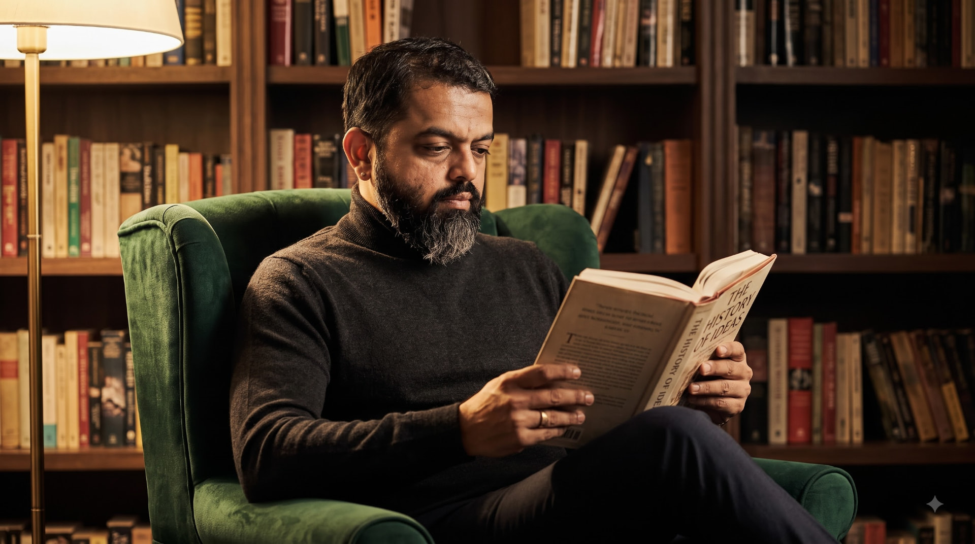Chaitanya Bailey reading a hardcover book