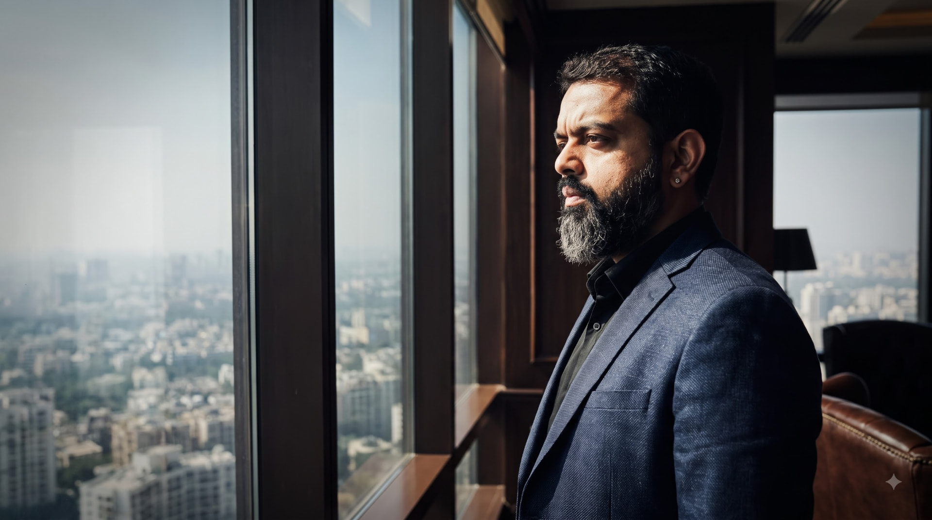 Chaitanya Bailey looking out of a window in thought